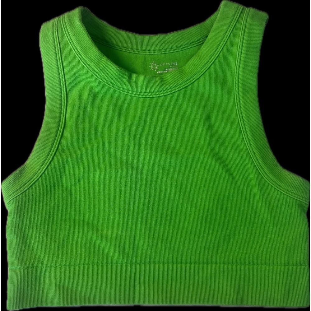 OFFLINE‎ by Aerie Green Ribbed Crew Neck Sleeveless Cropped Tank Top, Women's M